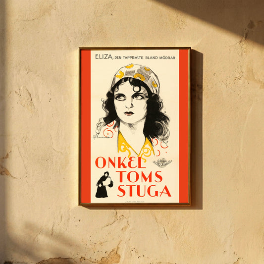 Vintage-Filmposter in Rot und Ocker mit schwedischer Typografie 'Onkel Toms Stuga'.