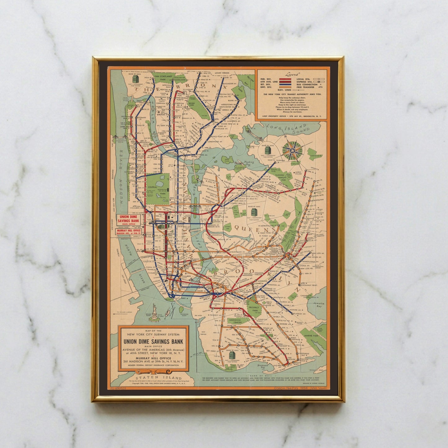 Illustrierte Karte des New Yorker Nahverkehrs 1954 herausgegeben von der Union Dime Savings Bank.