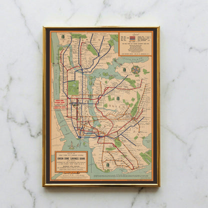 Illustrierte Karte des New Yorker Nahverkehrs 1954 herausgegeben von der Union Dime Savings Bank.