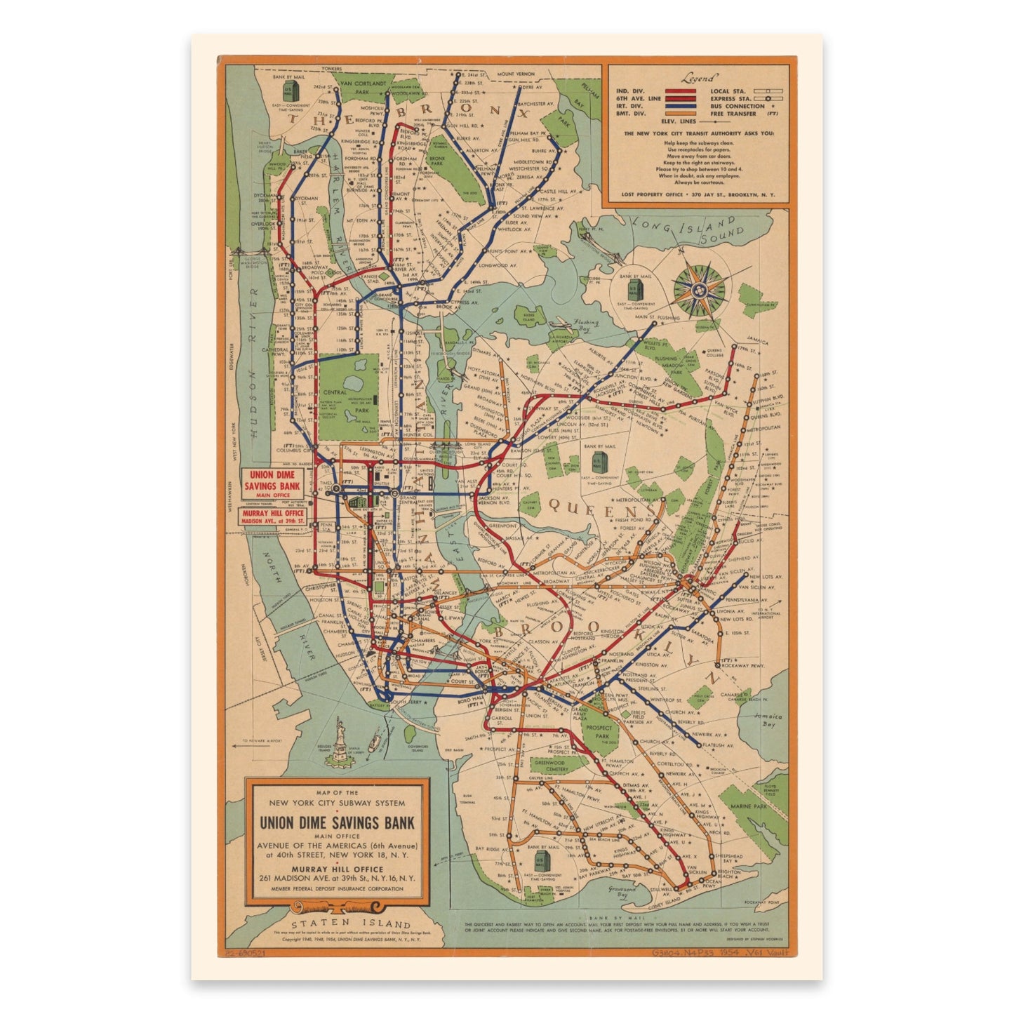 Stilvolle Reproduktion einer New Yorker U-Bahn-Karte im Retro-Stil.