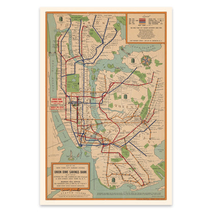 Stilvolle Reproduktion einer New Yorker U-Bahn-Karte im Retro-Stil.