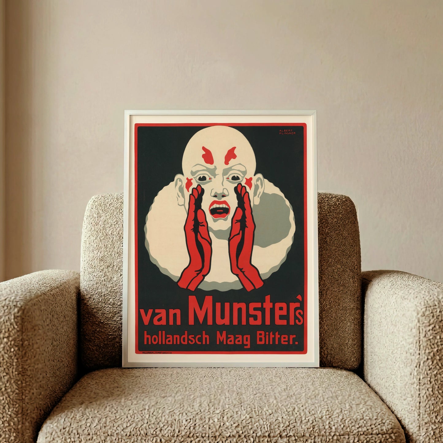 Expressives Vintage-Poster von Albert Klingner zeigt einen schreienden Clown für Van Munster's Magenbitter.