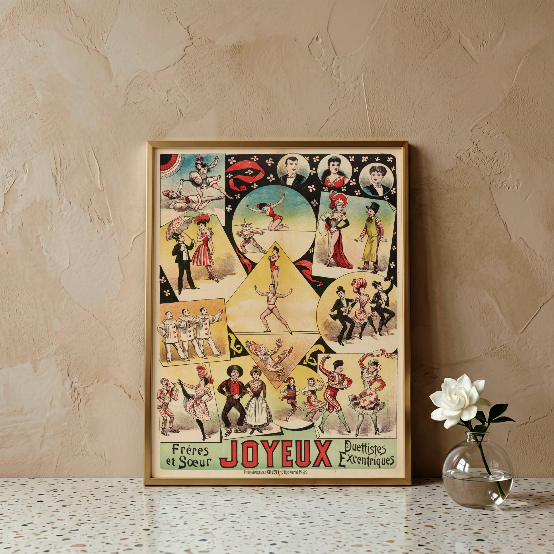 Historisches französisches Varieté-Poster mit verschiedenen Akrobatik- und Tanzszenen aus dem Jahr 1888.