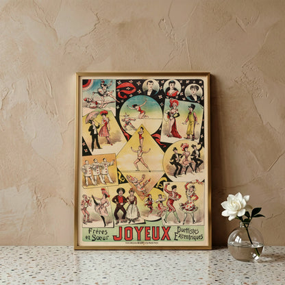 Historisches französisches Varieté-Poster mit verschiedenen Akrobatik- und Tanzszenen aus dem Jahr 1888.