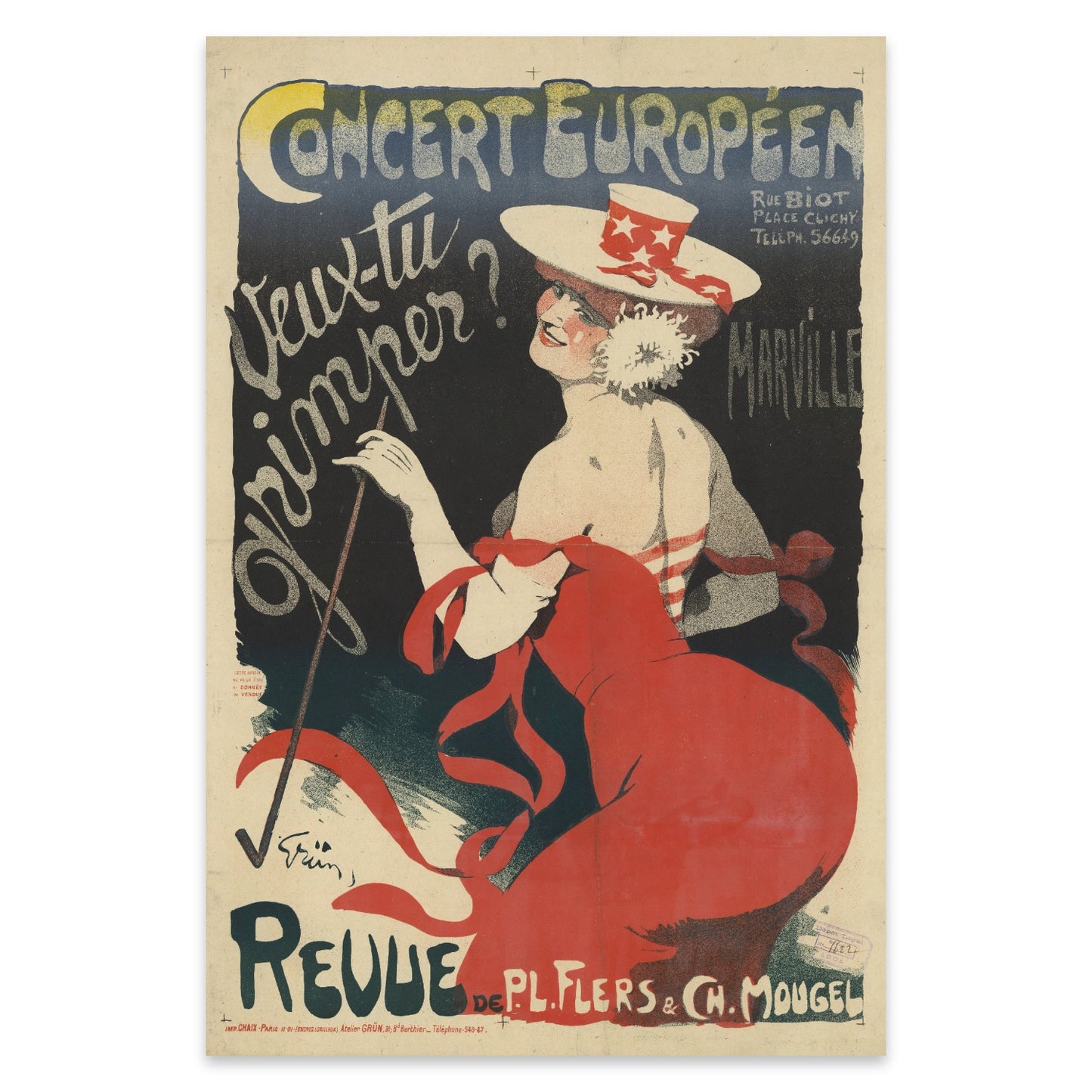 Retro-Wandbild einer Pariser Revue mit kräftigen Farben und historischer Typografie.