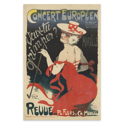 Retro-Wandbild einer Pariser Revue mit kräftigen Farben und historischer Typografie.