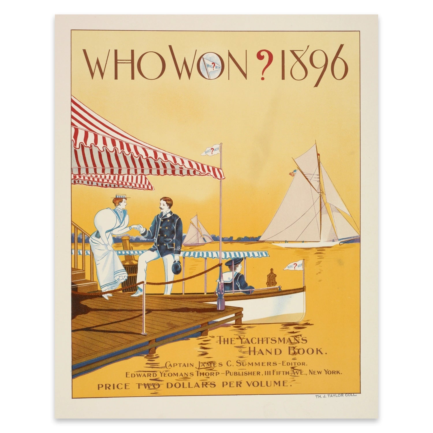 Retro-Plakat für ein Segler-Handbuch von 1896 mit typografischen Details zum Herausgeber in New York.