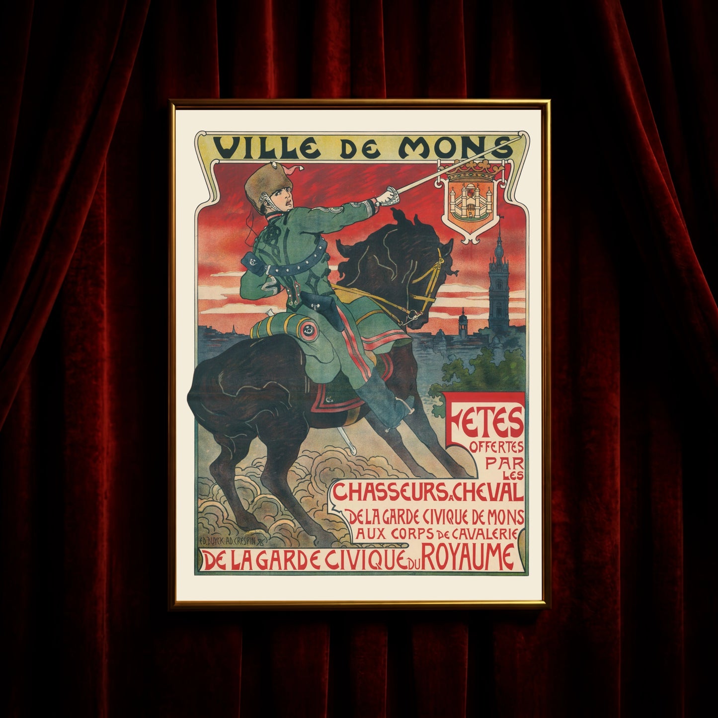 Historisches Plakat der Stadt Mons von 1896 mit einem Soldaten auf einem Pferd.