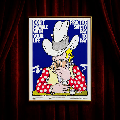 Grafisches Poster mit Cowboy-Motiv in Blau, Rot und Gelb mit Rasterbild-Elementen.