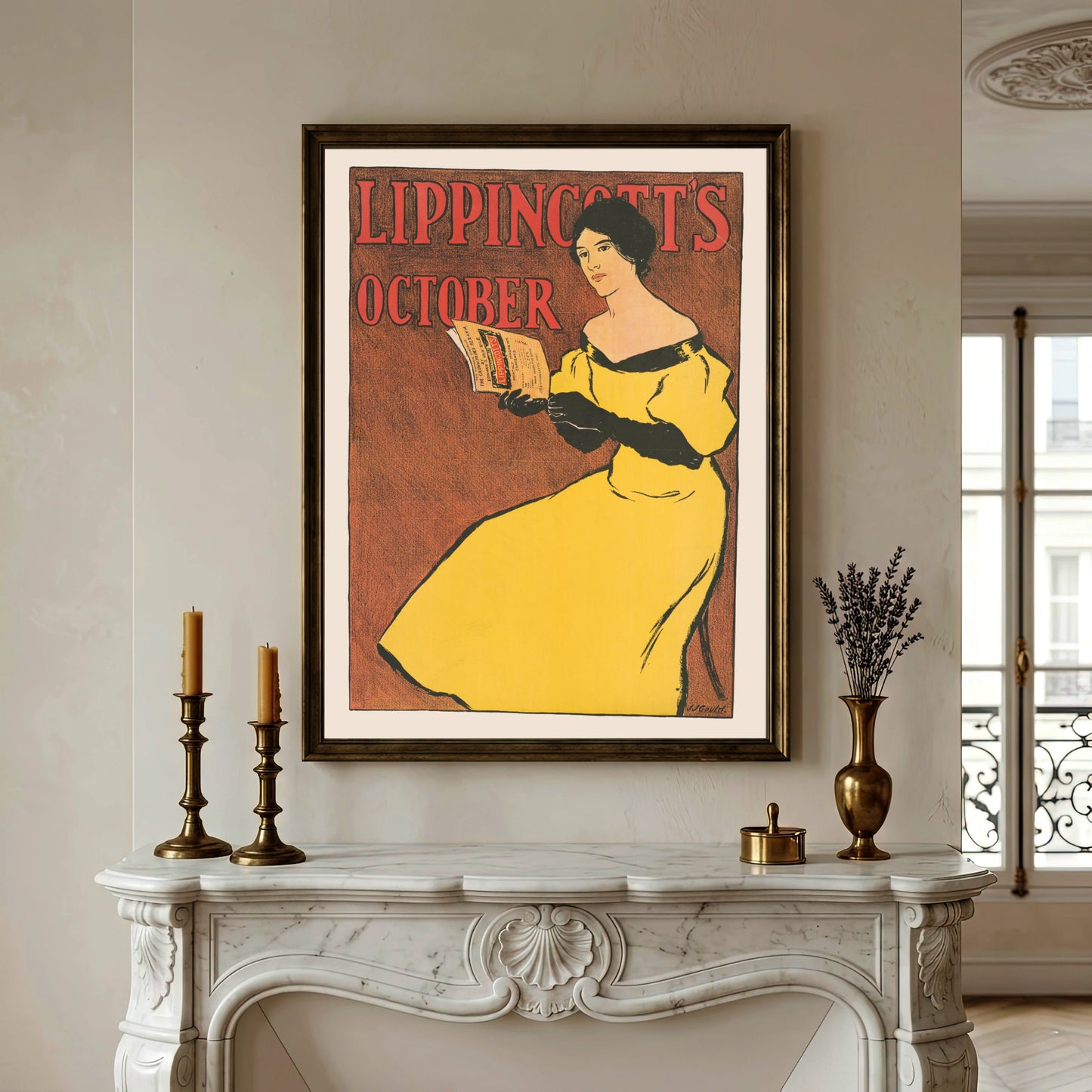 Illustration einer eleganten Dame mit schwarzen Handschuhen und gelber Robe.