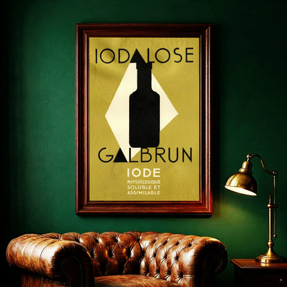 Modernes Retro-Poster für pharmazeutisches Jod in Gelb und Schwarz.