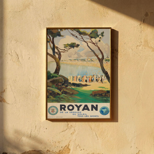 Lucien Peri Kunstplakat Royan 1934 mit Fokus auf Pinienbäume und Sommertag am Meer.