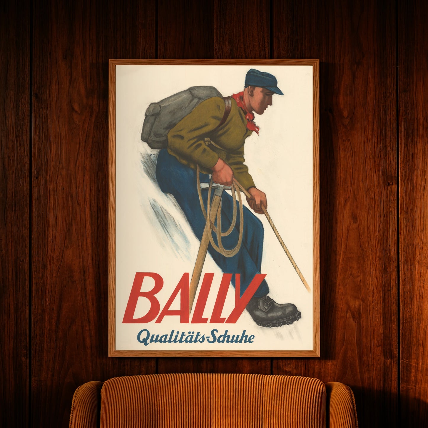 Detailaufnahme eines robusten Bergschuhs auf einem historischen Werbeposter.