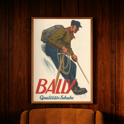 Detailaufnahme eines robusten Bergschuhs auf einem historischen Werbeposter.