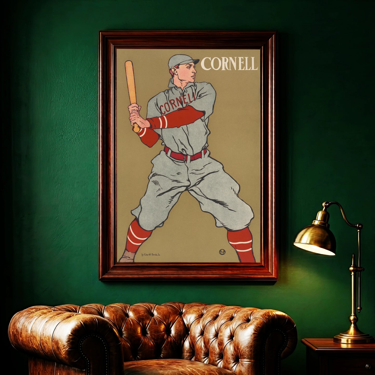 Vintage Baseball Poster mit einem Spieler in grau-roter Uniform und Holzschläger.