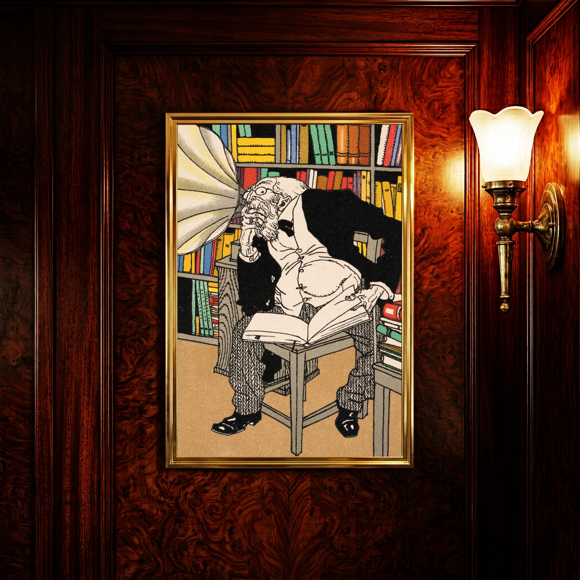 Ein älterer Mann mit Bart liest in einem Buch und hört in ein Grammophon-Trichter.