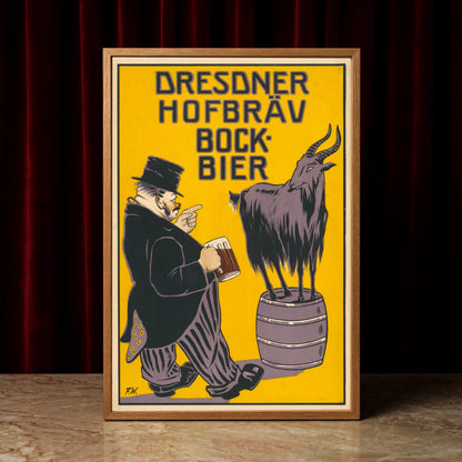 Fritz Wolff Illustration eines Mannes mit Bierkrug vor einem Ziegenbock auf einem Fass.