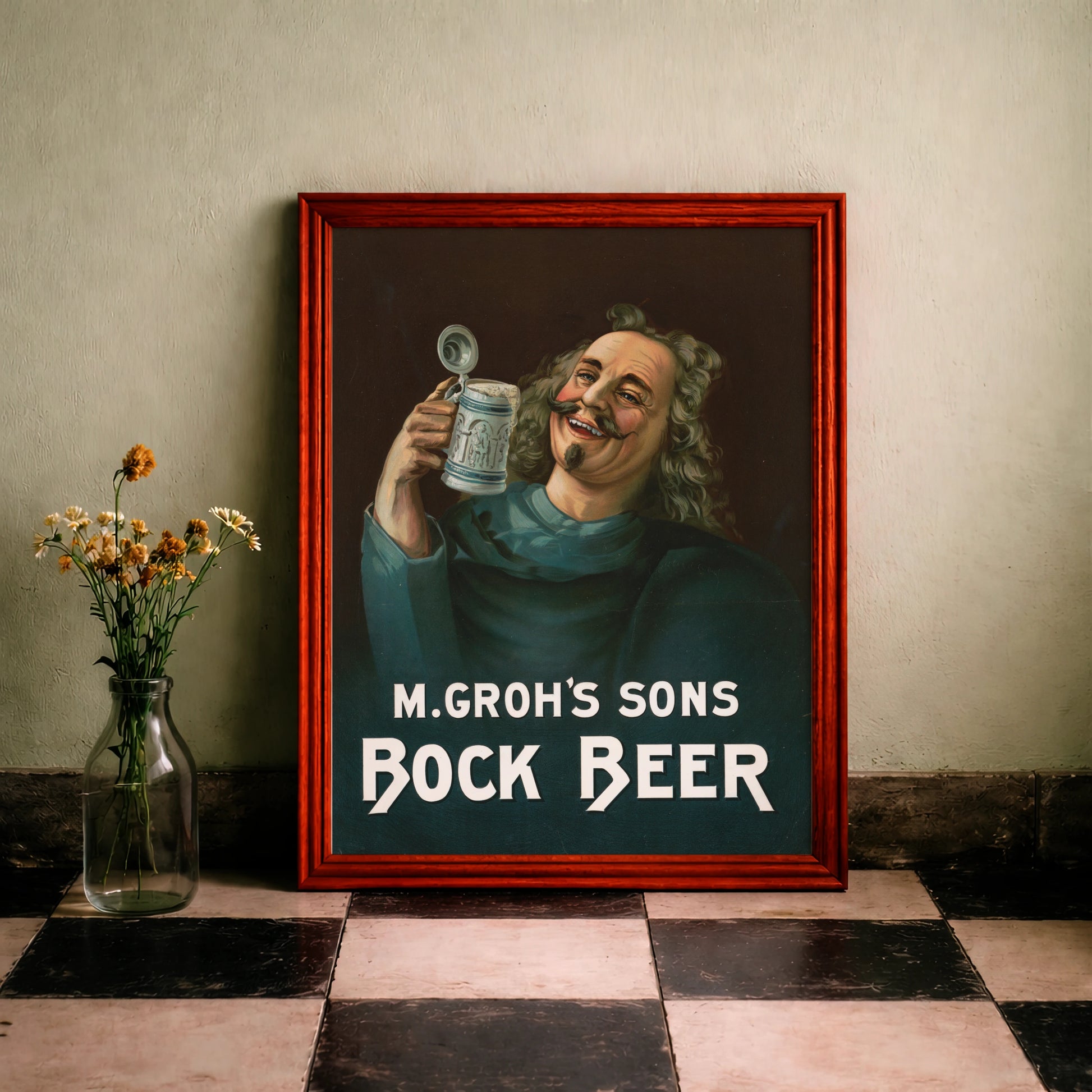 Historische Lithografie eines Mannes mit Bierkrug und geschwungenem Bart.