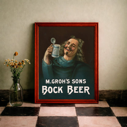 Historische Lithografie eines Mannes mit Bierkrug und geschwungenem Bart.