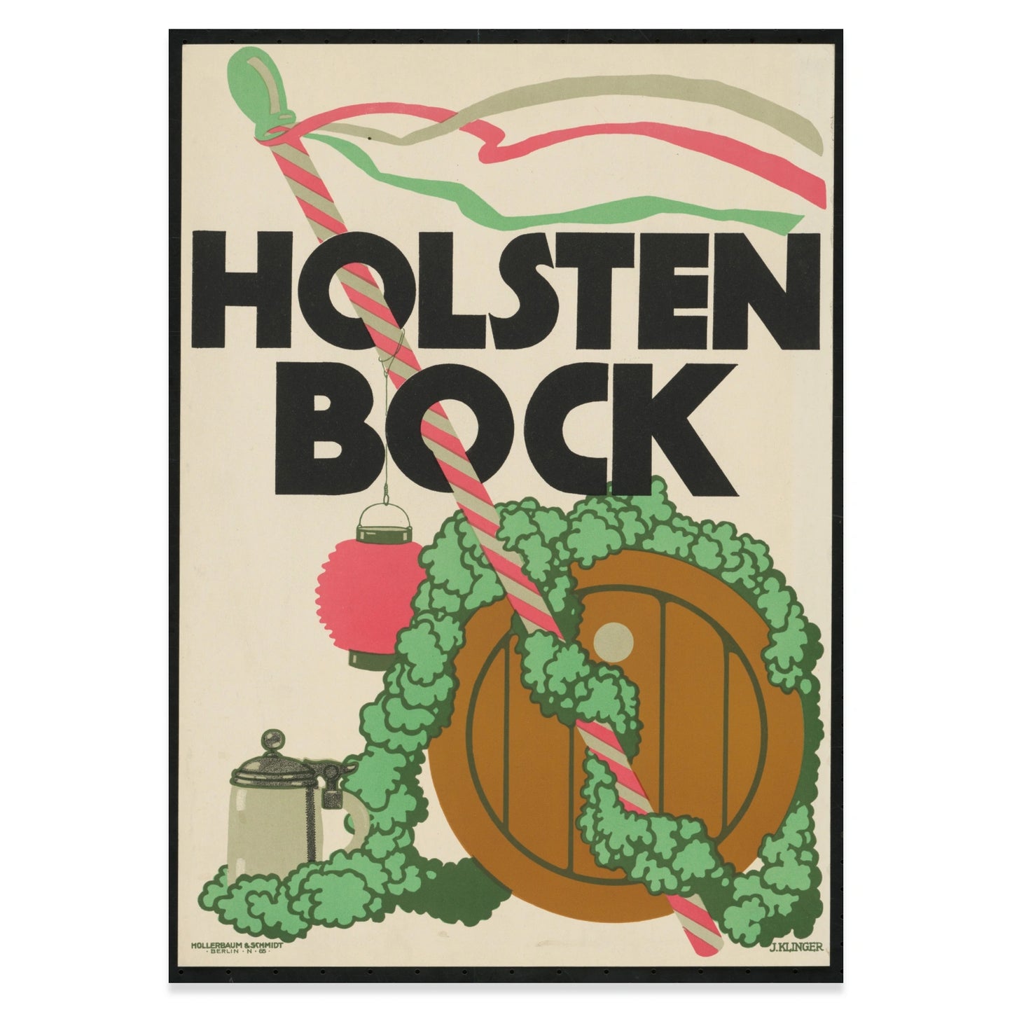 Klassisches Holsten Bock Poster mit Hopfenkranz und Weinfass Illustration.