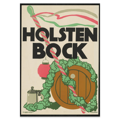 Klassisches Holsten Bock Poster mit Hopfenkranz und Weinfass Illustration.