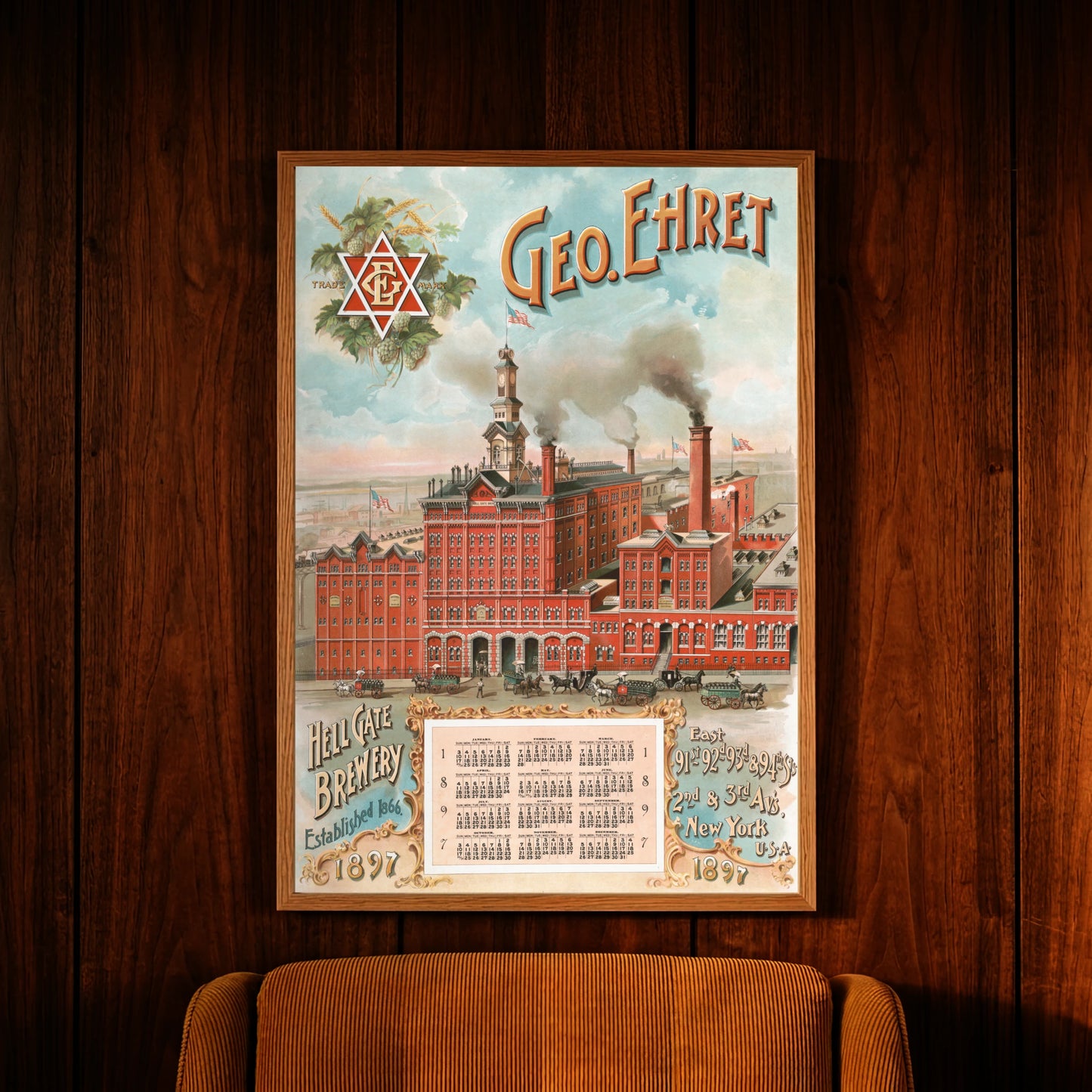 Farbige Vintage-Lithografie der George Ehret Hell Gate Brewery mit Hopfenzeichnung und Logo.