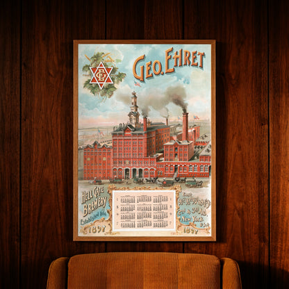 Farbige Vintage-Lithografie der George Ehret Hell Gate Brewery mit Hopfenzeichnung und Logo.