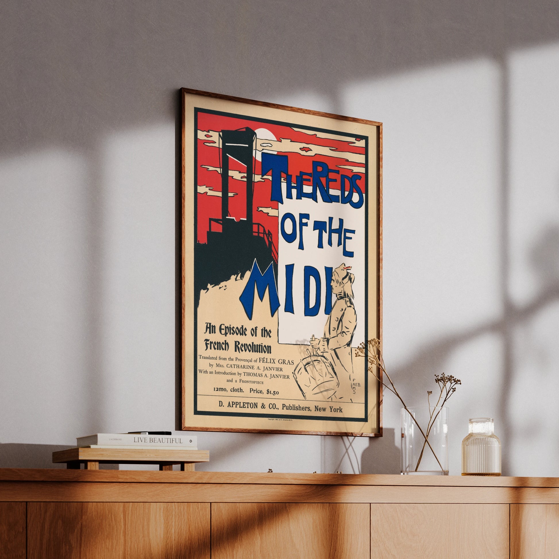 Vintage Buchplakat von Félix Gras mit blauer Typografie und dramatischer Farbwahl.