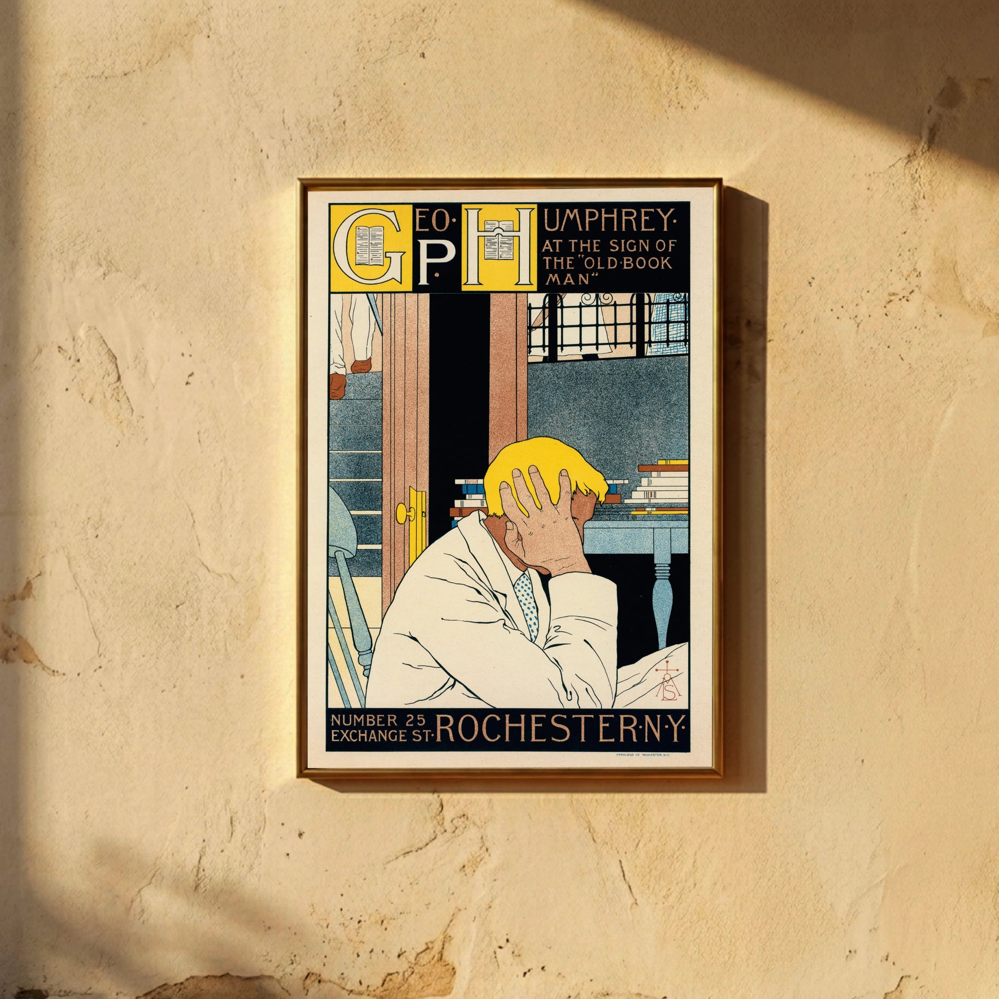 Gelbhaariger Mann im weißen Anzug vertieft in Gedanken vor einem Bücherregal, 19. Jahrhundert Grafik.