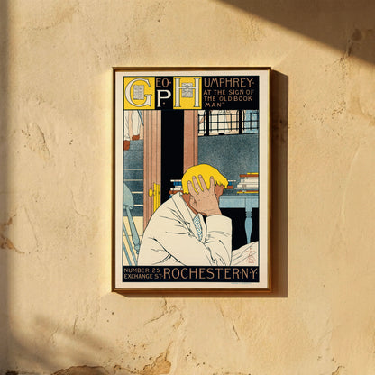 Gelbhaariger Mann im weißen Anzug vertieft in Gedanken vor einem Bücherregal, 19. Jahrhundert Grafik.