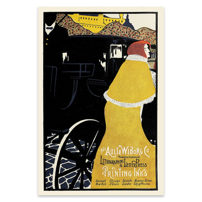 Nahaufnahme der Typografie 'The Ault & Wiborg Co' auf einem künstlerisch gestalteten Vintage-Poster.