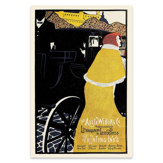 Nahaufnahme der Typografie 'The Ault & Wiborg Co' auf einem künstlerisch gestalteten Vintage-Poster.