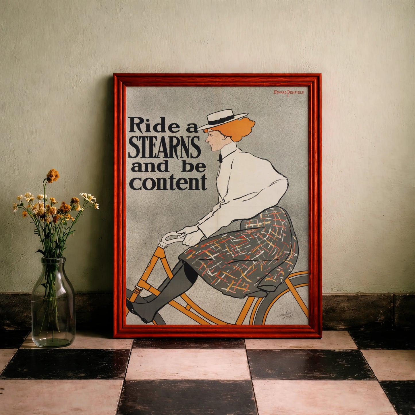 Illustration einer rothaarigen Frau mit Hut beim Radfahren, Stearns Bicycles Werbeplakat.