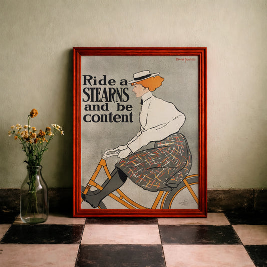 Illustration einer rothaarigen Frau mit Hut beim Radfahren, Stearns Bicycles Werbeplakat.