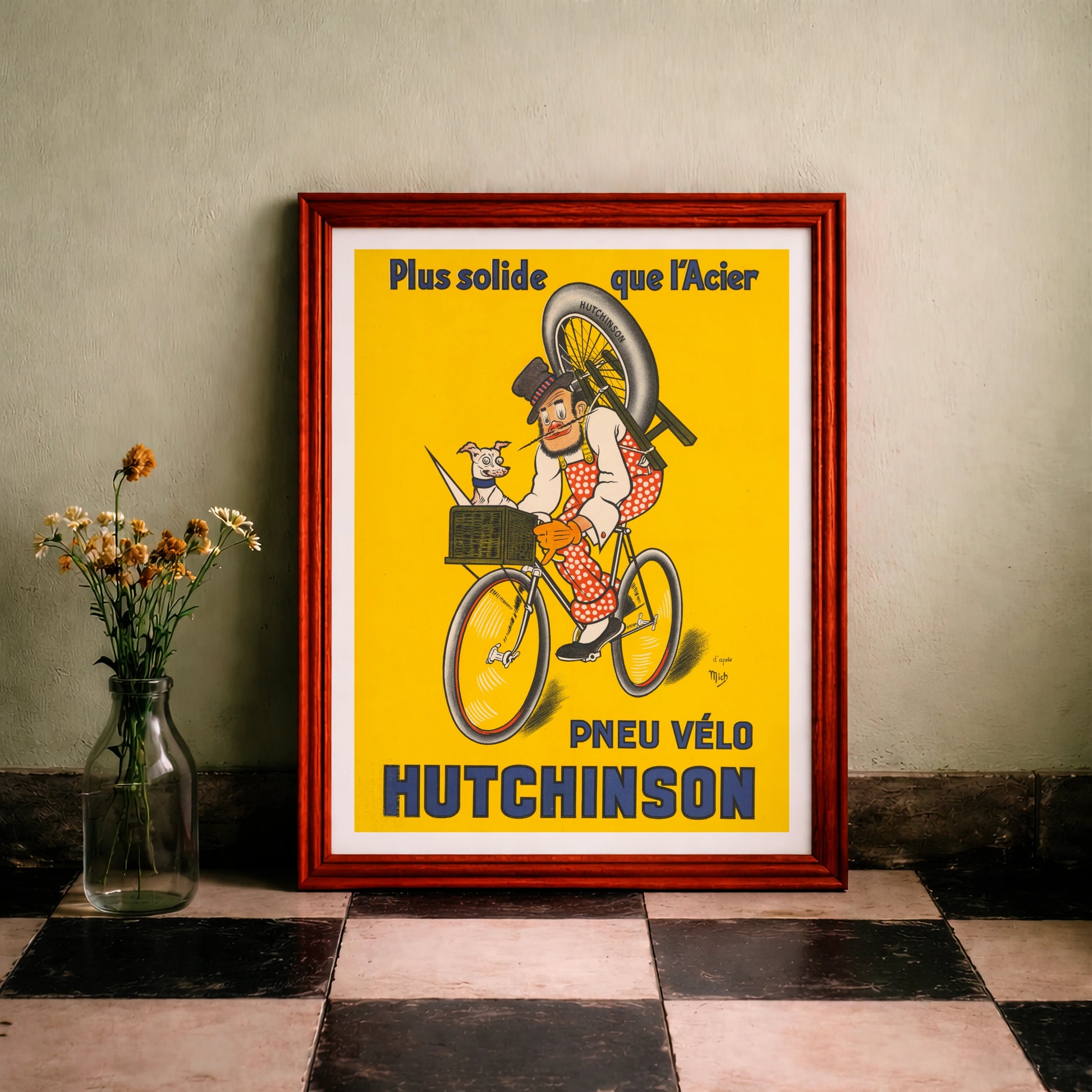 Karikaturistisches Poster eines Radfahrers mit Hund und Hutchinson Reifen von Mich.