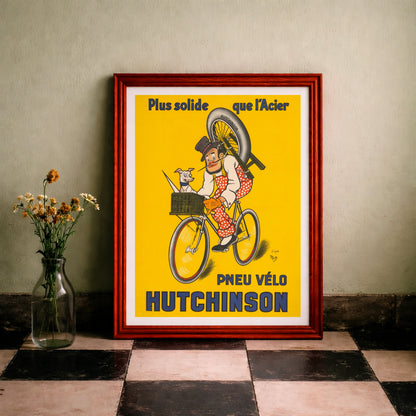 Karikaturistisches Poster eines Radfahrers mit Hund und Hutchinson Reifen von Mich.