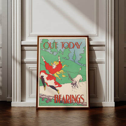 Illustration einer Frau in Rot, die vom Fahrrad fällt, Jugendstil-Plakat.