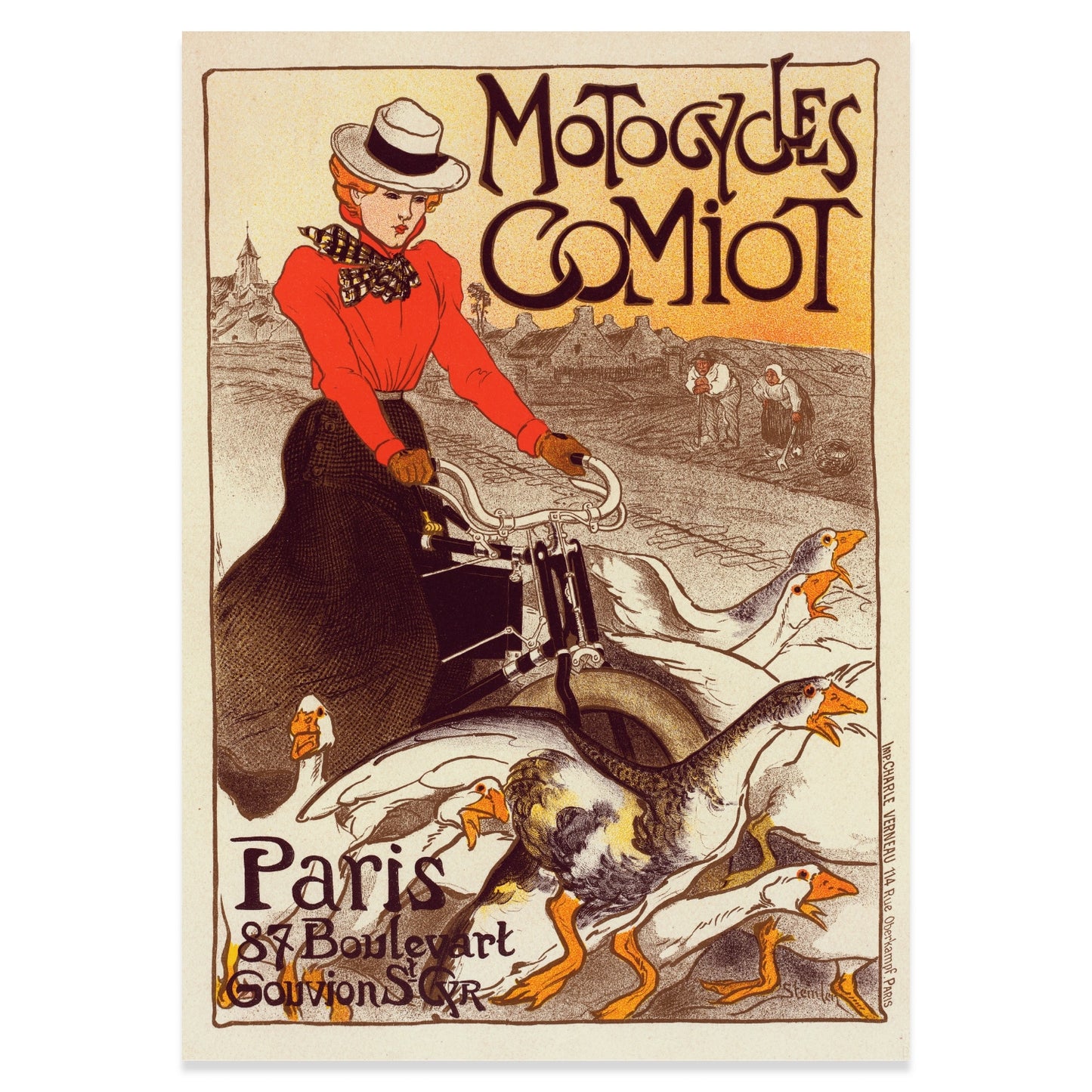 Retro-Poster Motocycles Comiot, Illustration der frühen Motorisierung in Frankreich.