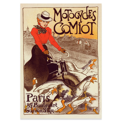 Retro-Poster Motocycles Comiot, Illustration der frühen Motorisierung in Frankreich.