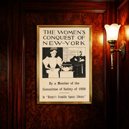 Historisches Plakat mit dem Titel The Women's Conquest of New-York in klassischer Serifenschrift.