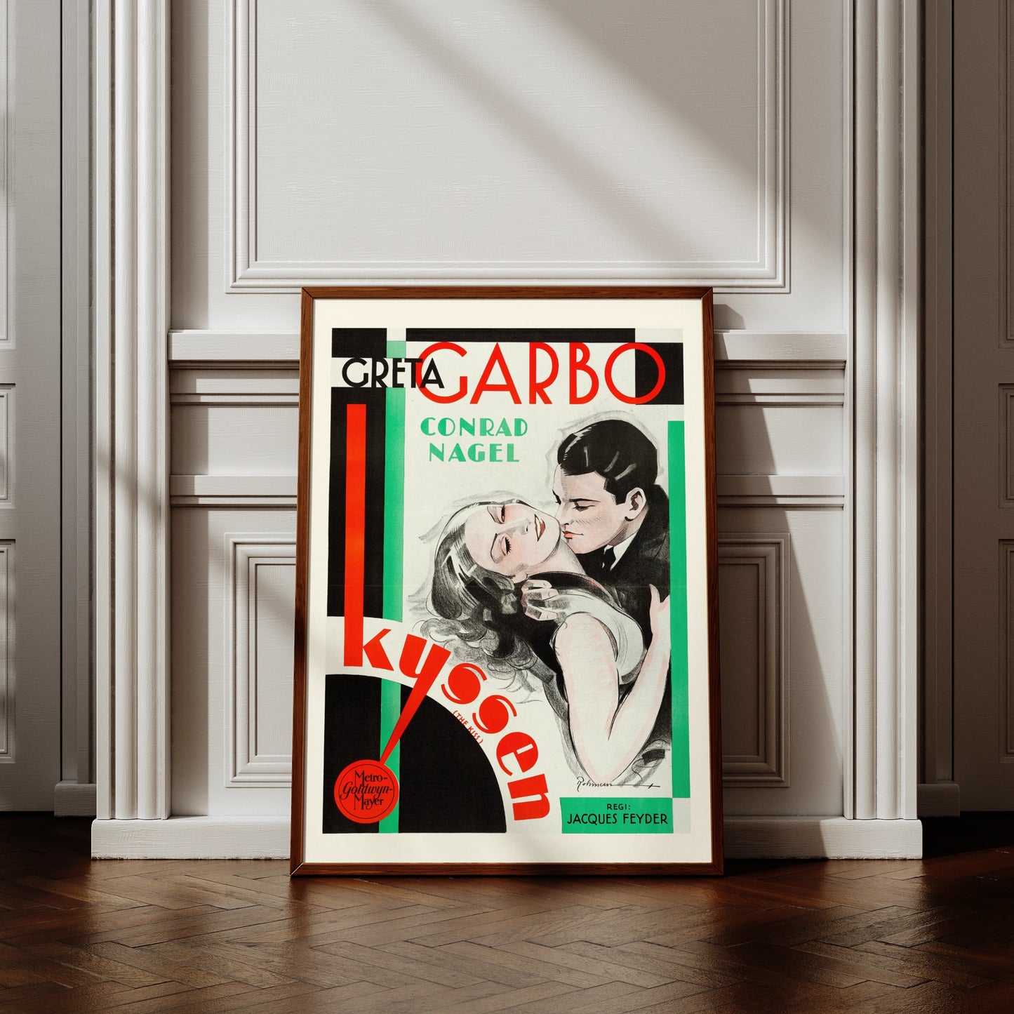 Illustriertes Porträt einer Umarmung zwischen Greta Garbo und Conrad Nagel in Rot und Türkis.