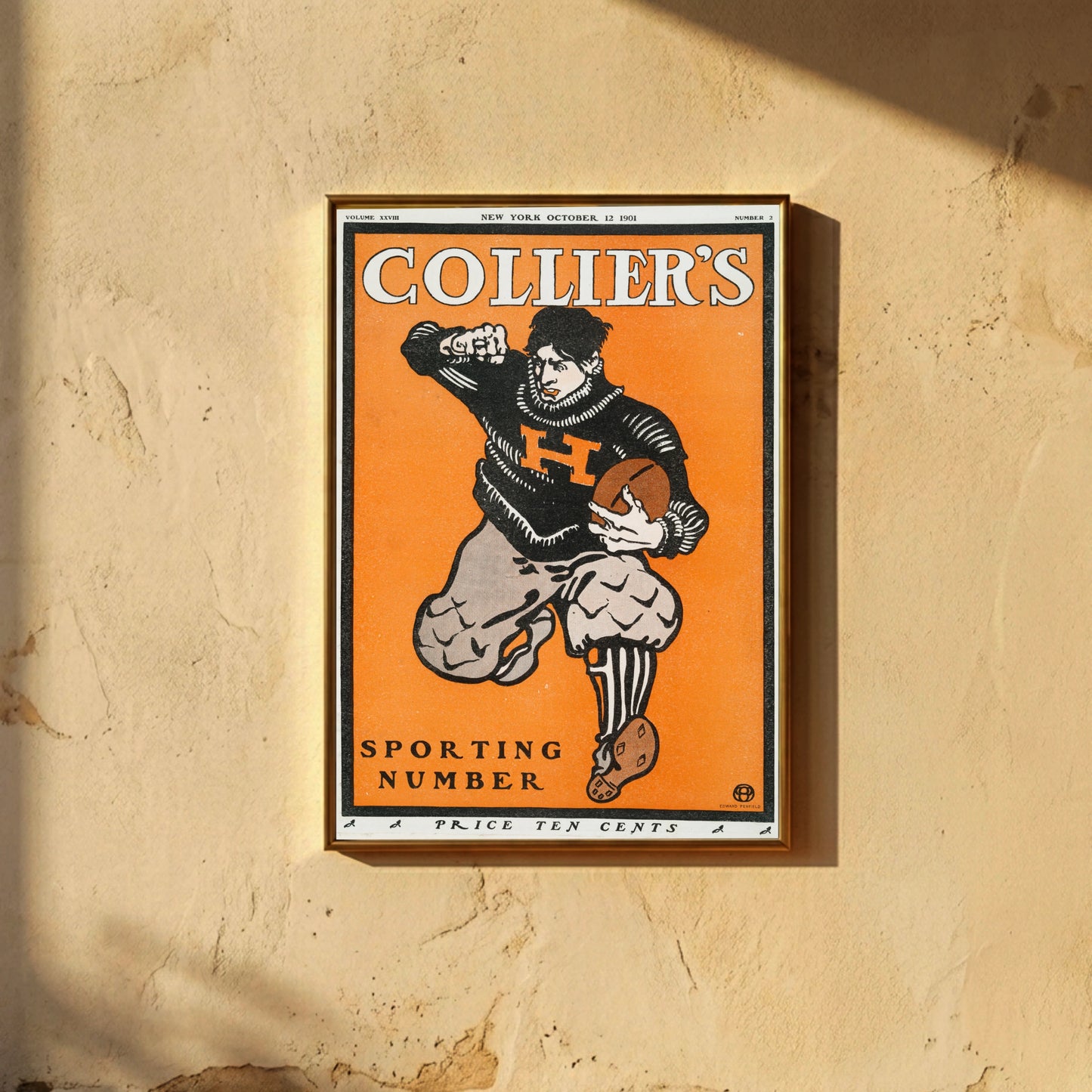 Historisches Sport-Plakat zeigt einen Football-Spieler in Aktion auf orangefarbenem Hintergrund.