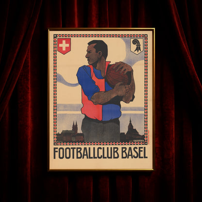 Historische Lithografie von Rudolf Dürrwang zeigt einen Fußballspieler vor der Basler Skyline.