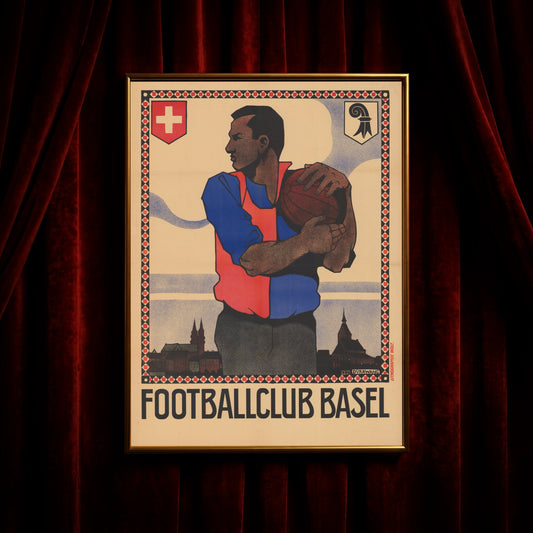 Historische Lithografie von Rudolf Dürrwang zeigt einen Fußballspieler vor der Basler Skyline.