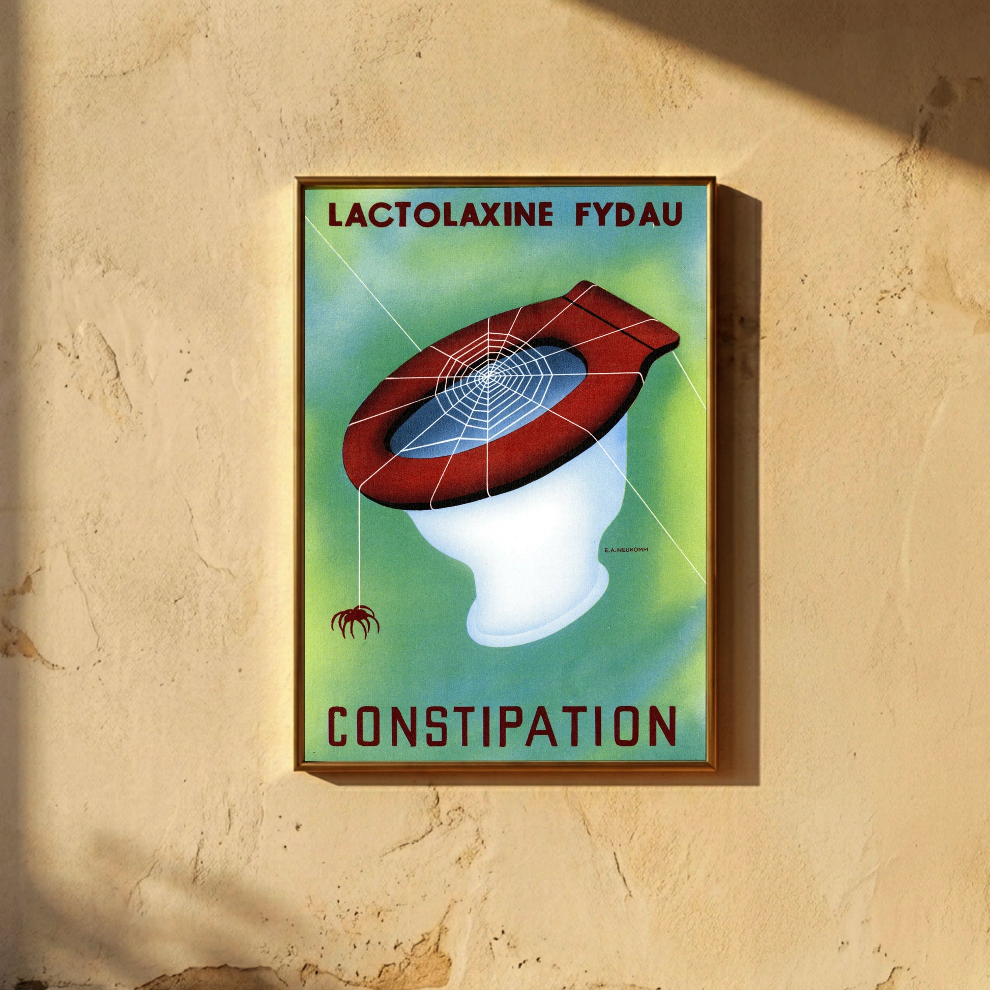Minimalistisches Retro-Plakat mit grüner Wand und weißer Toilette für Lactolaxine.