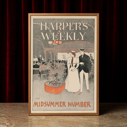 Historisches Poster zeigt einen Mann mit Gehstock und eine Frau in weißem Kleid vor einer Menschenmenge.
