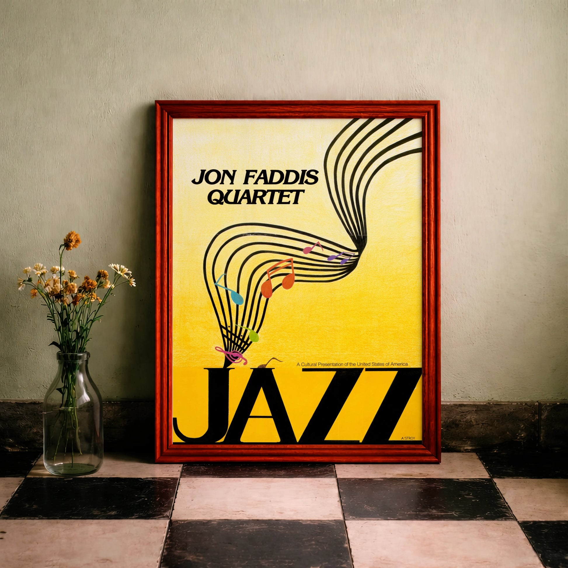 Grafisches Musikplakat mit dem Titel Jazz und bunten Noten auf geschwungenen Linien.