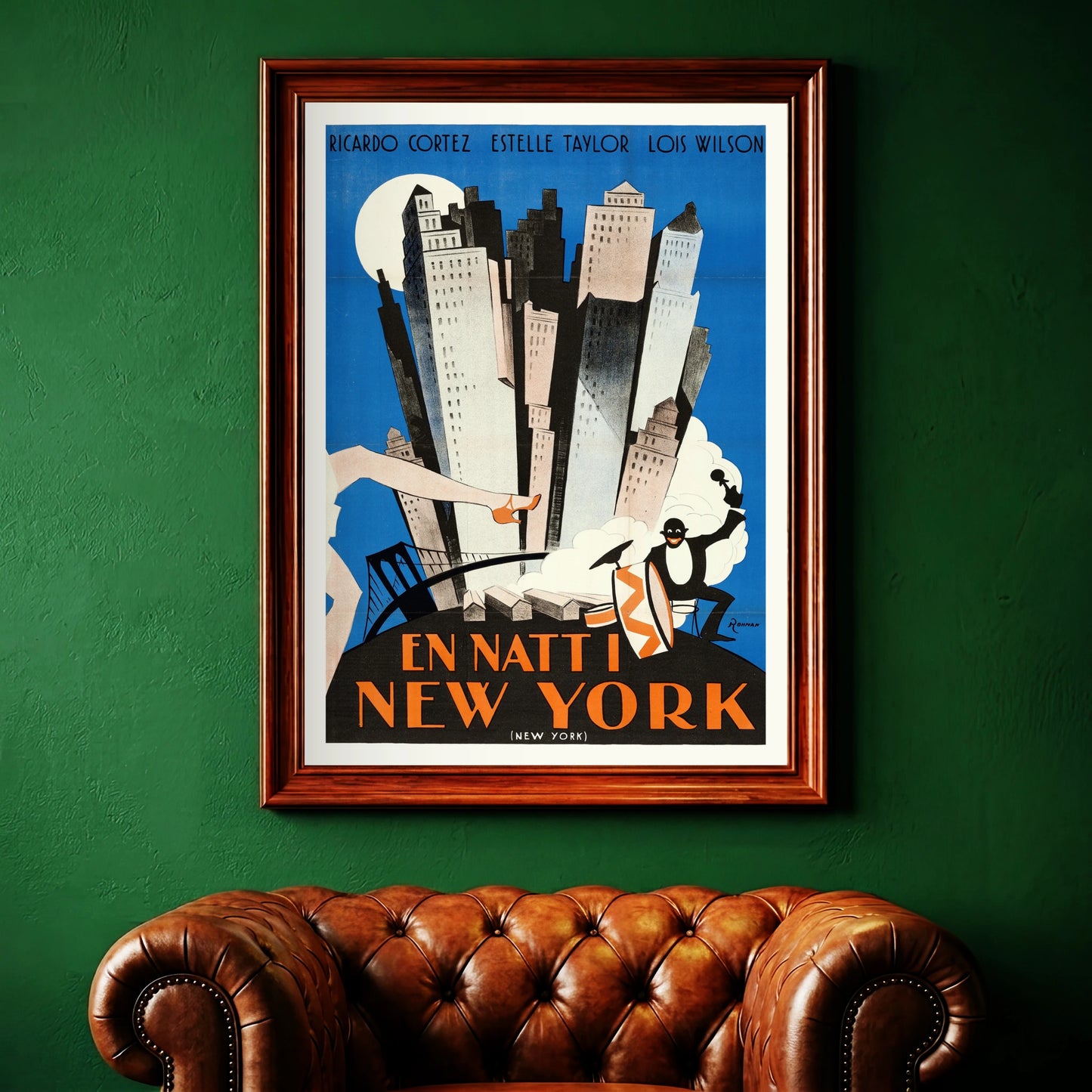 Eric Rohman Kunstplakat New York 1927 in Blau, Orange und Weißtönen.