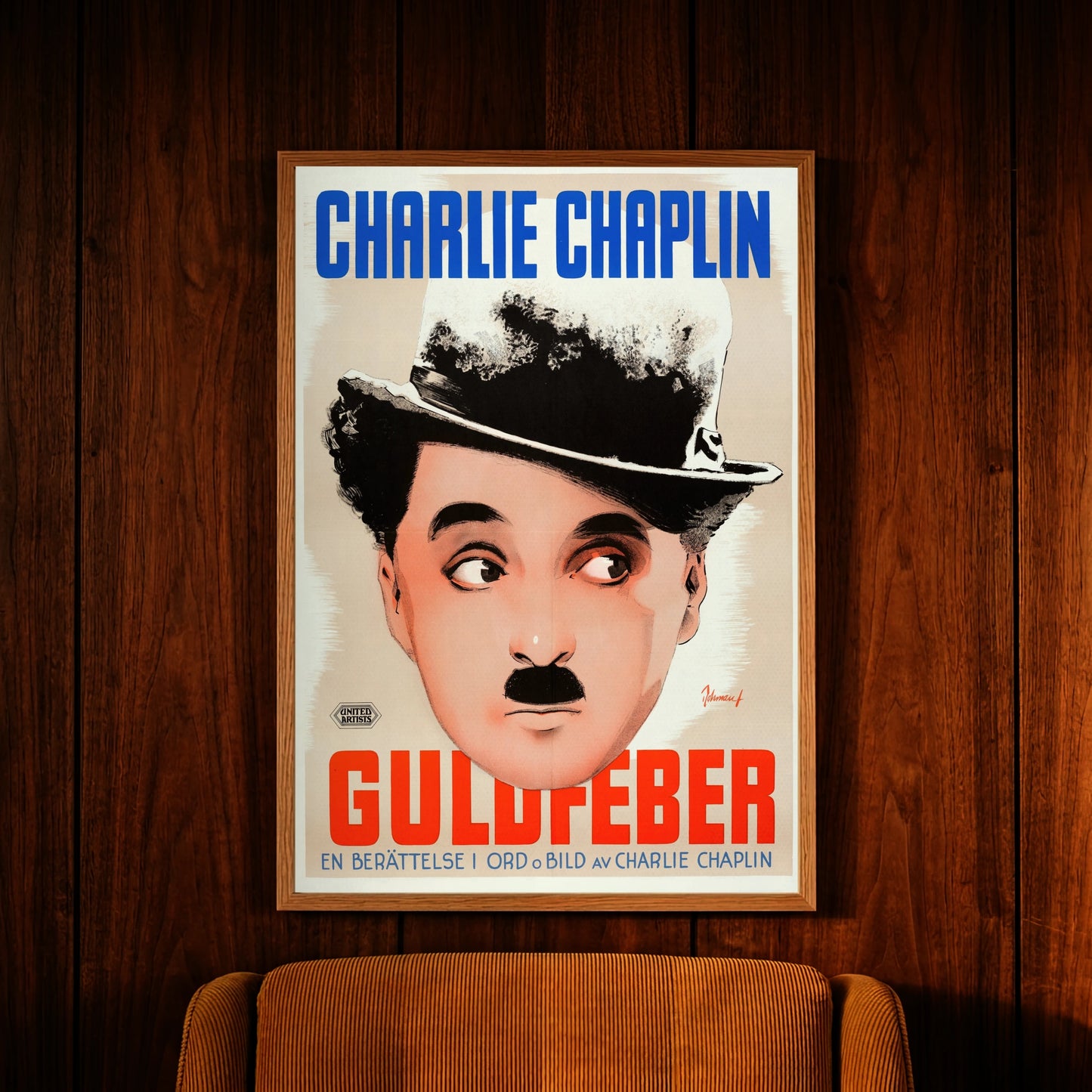 Schwedisches Kino-Plakat The Gold Rush mit Charlie Chaplin Illustration.