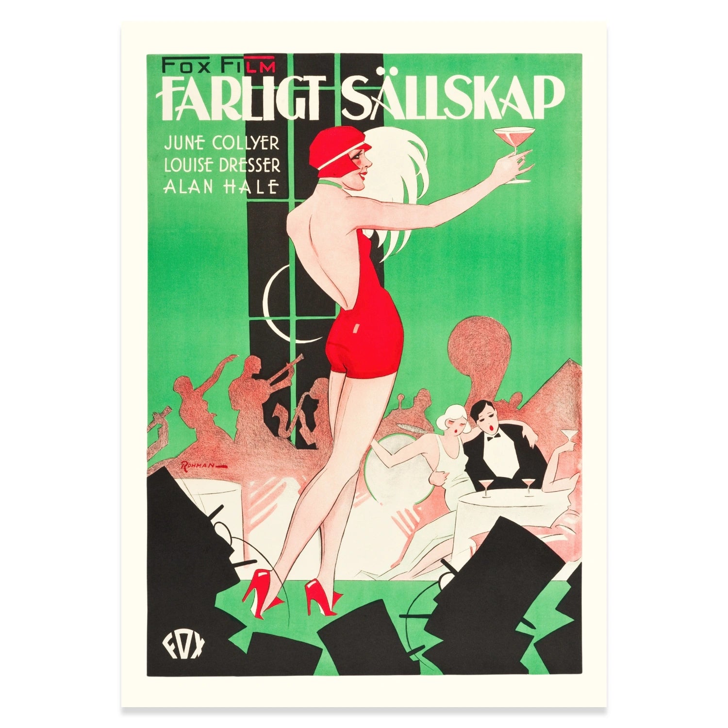 Grafisches Kunstposter im Art-déco-Stil mit Frau im rückenfreien Kleid.